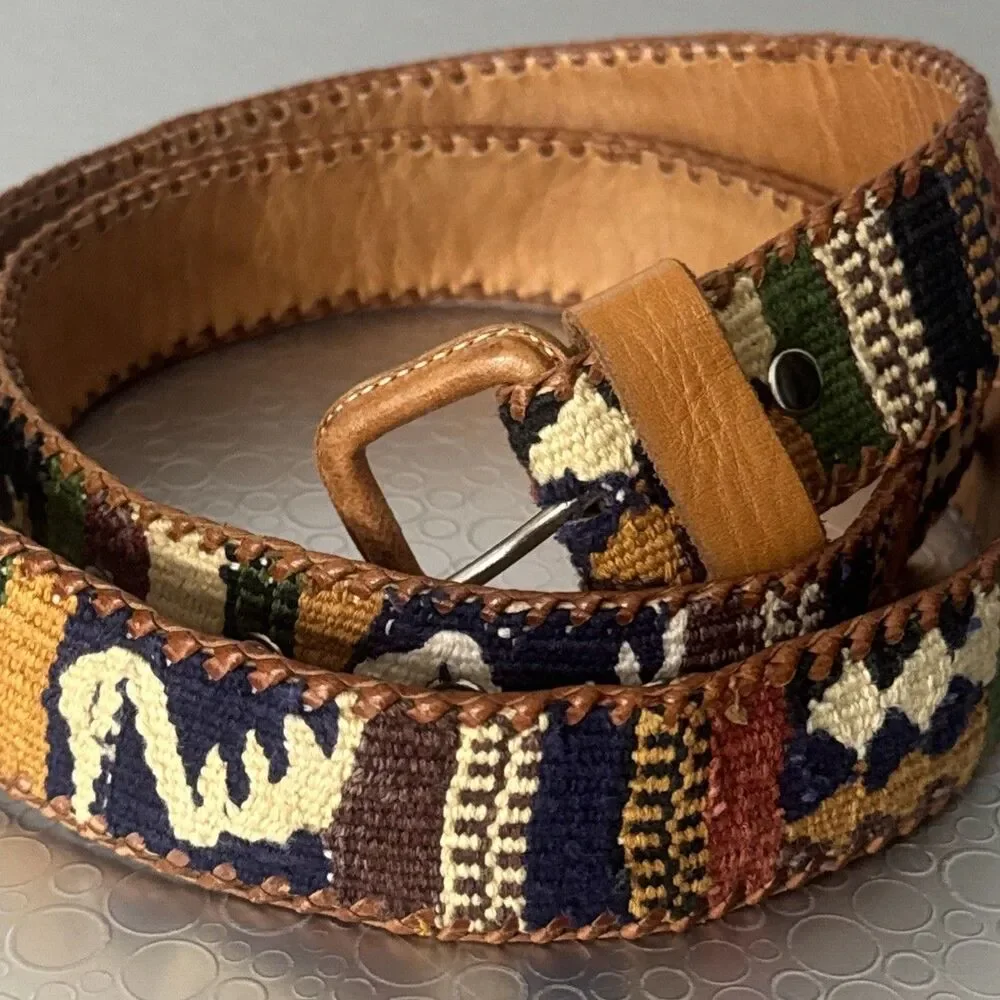Vintage Handmade Guatemala Woven Belt 36 Cotton Leather Aztec Folk Art
